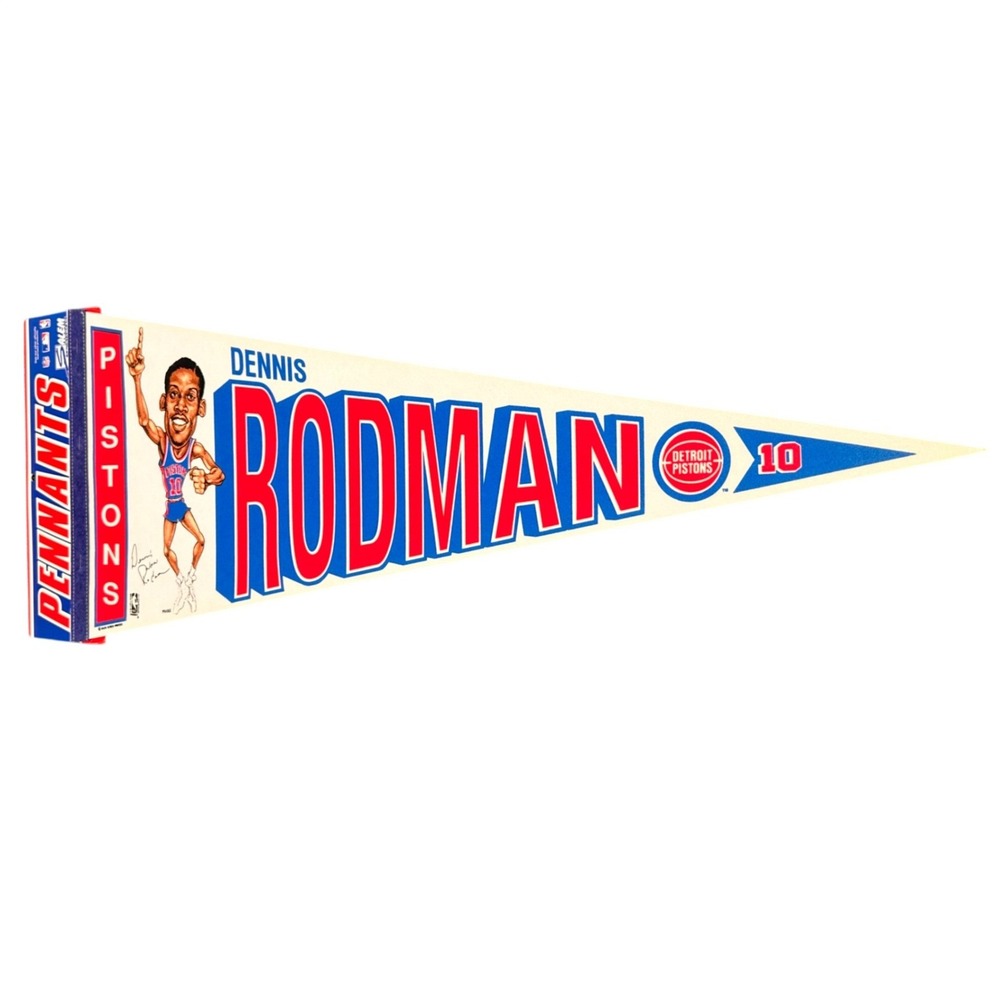 Vintage Dennis Rodman Detroit Pistons Pennant Caricature Red Blue White 90s NBA